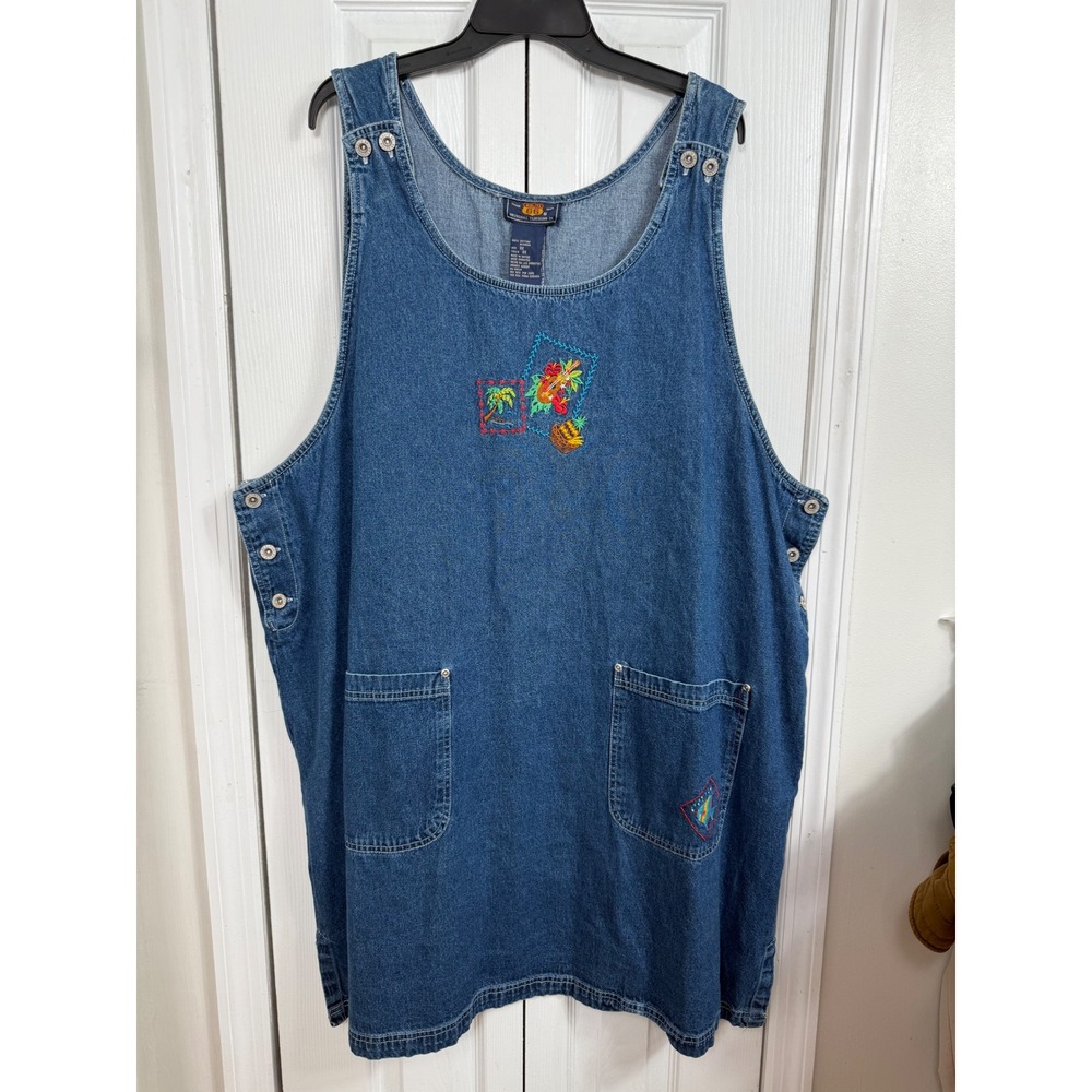 Route 66 Denim Jumper Dress 3X Blue Tropical Embroidery Vintage Y2K Cottagecore